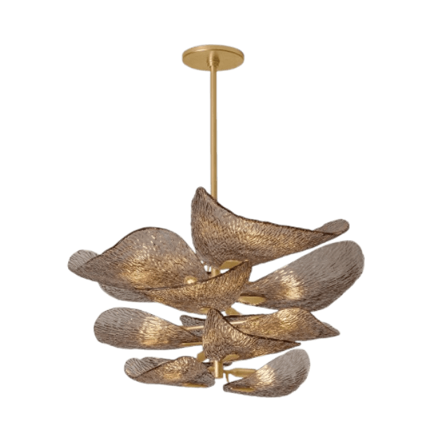 A multi-tiered chandelier with a central brass-colored stem and canopy. The chandelier features multiple layers of petal-like diffusers made of textured, translucent material in a warm, amber-brown hue. The diffusers are arranged in a staggered, organic pattern, giving the impression of a blooming flower or cascading leaves. Each diffuser is illuminated from within, casting a warm glow. — 3D model