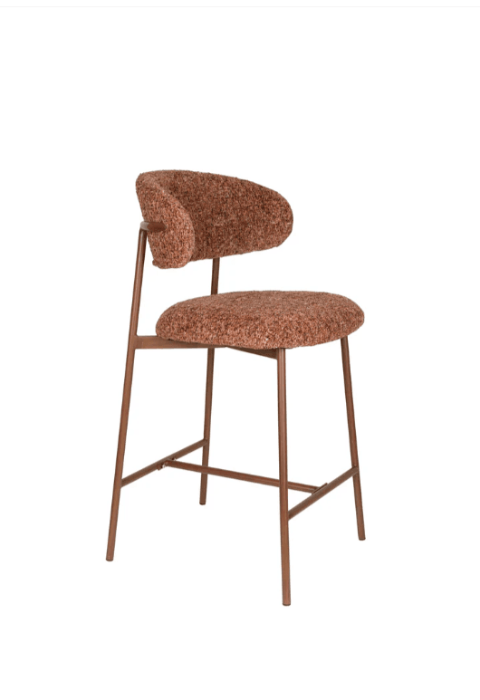 A modern bar stool with a curved backrest and a rounded seat. The frame is constructed from thin, metallic legs that extend upwards to support the seat and backrest. The upholstery on the seat and backrest has a textured, bouclé-like appearance. — 3D model