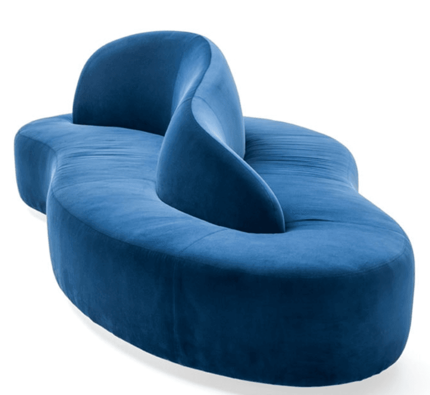 A striking, organically shaped sofa with a fluid, wave-like form. It features a continuous, undulating silhouette with no discernible legs, resting directly on the floor. The backrest curves upwards and then inwards, creating a semi-enclosed seating area. The upholstery is a deep blue, plush fabric with a soft sheen, suggesting a velvet or similar material. — 3D model