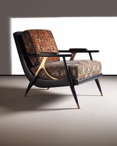 A modern armchair with a curved black frame, featuring upholstered seat and backrest with a geometric pattern in shades of orange, brown, and beige. The armchair has distinct armrests and tapered legs with brass-colored accents. — 3D model