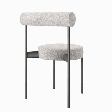 A modern upholstered chair with a cylindrical backrest and a circular seat. The chair features a dark metal frame with thin legs. The upholstery is a textured, light-colored fabric. — 3D model