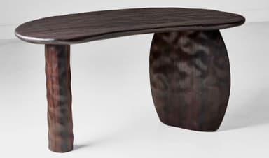A dark wooden coffee table with an organic, asymmetrical shape. It features a freeform, oval-like tabletop that extends over a bulbous base and is supported by a single, textured cylindrical leg on one side. The overall design is sculptural and modern. — 3D model