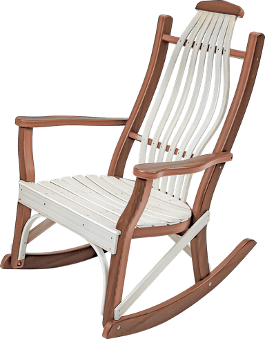 A robust rocking chair designed with an Adirondack aesthetic, featuring a two-tone construction. The frame is a dark brown, possibly wood or wood composite, while the seat and backrest consist of lighter, cream-colored slats. The backrest slats are vertically oriented and gently curved for ergonomic support, and the seat slats are arranged horizontally with a slight contour. Broad, curved armrests provide comfort, and the base incorporates traditional rocking runners. — 3D model