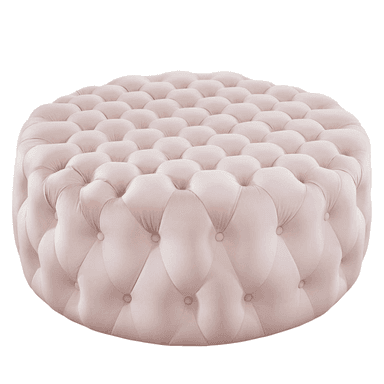 A circular, upholstered ottoman in a light pink velvet fabric, featuring deep button tufting across its entire surface, creating a classic, plush aesthetic. The tufting is consistent across the top and sides, giving it a uniform, luxurious texture. — 3D model