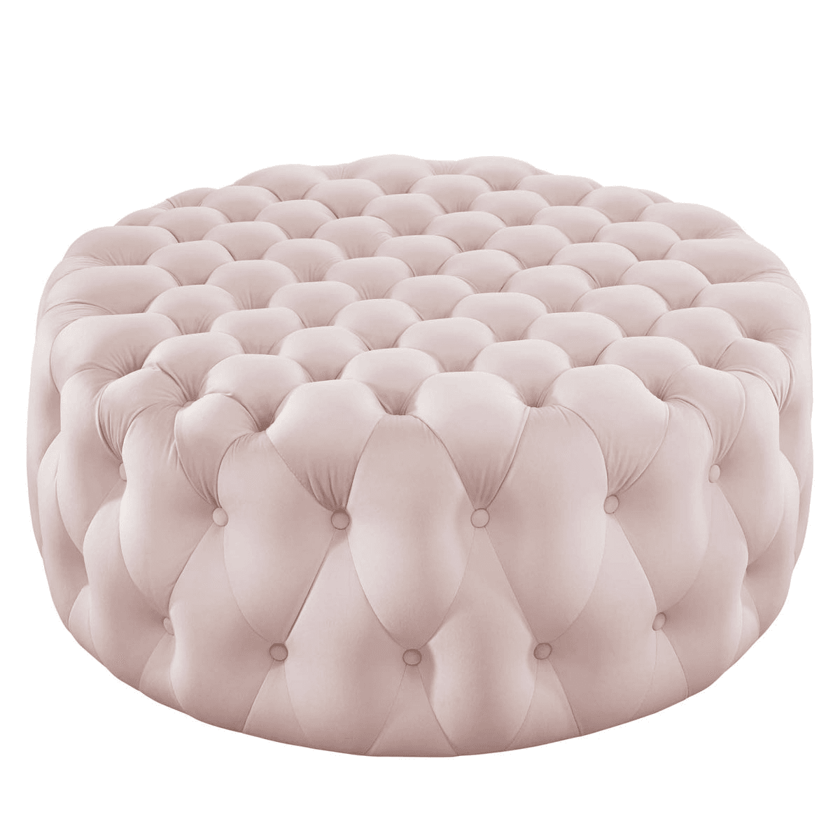 A circular, upholstered ottoman in a light pink velvet fabric, featuring deep button tufting across its entire surface, creating a classic, plush aesthetic. The tufting is consistent across the top and sides, giving it a uniform, luxurious texture. — 3D model