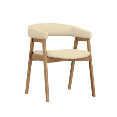 A modern armchair with a curved backrest and a seat upholstered in a light-colored textured fabric. The frame and legs are constructed from light-colored wood, exhibiting a natural grain pattern. The armrests are integrated into the curved backrest structure. — 3D model