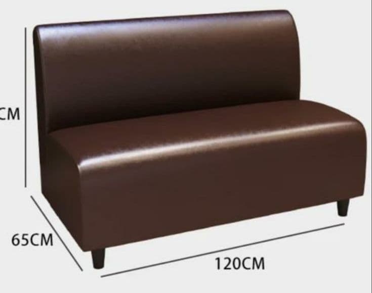A brown, armless two-seater commercial booth seat with a gently curved backrest and short, dark tapered legs. — 3D model