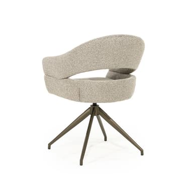 A contemporary swivel armchair featuring a fully upholstered tub seat and a distinct cut-out backrest, supported by a dark metal pedestal base with four splayed legs. — 3D model