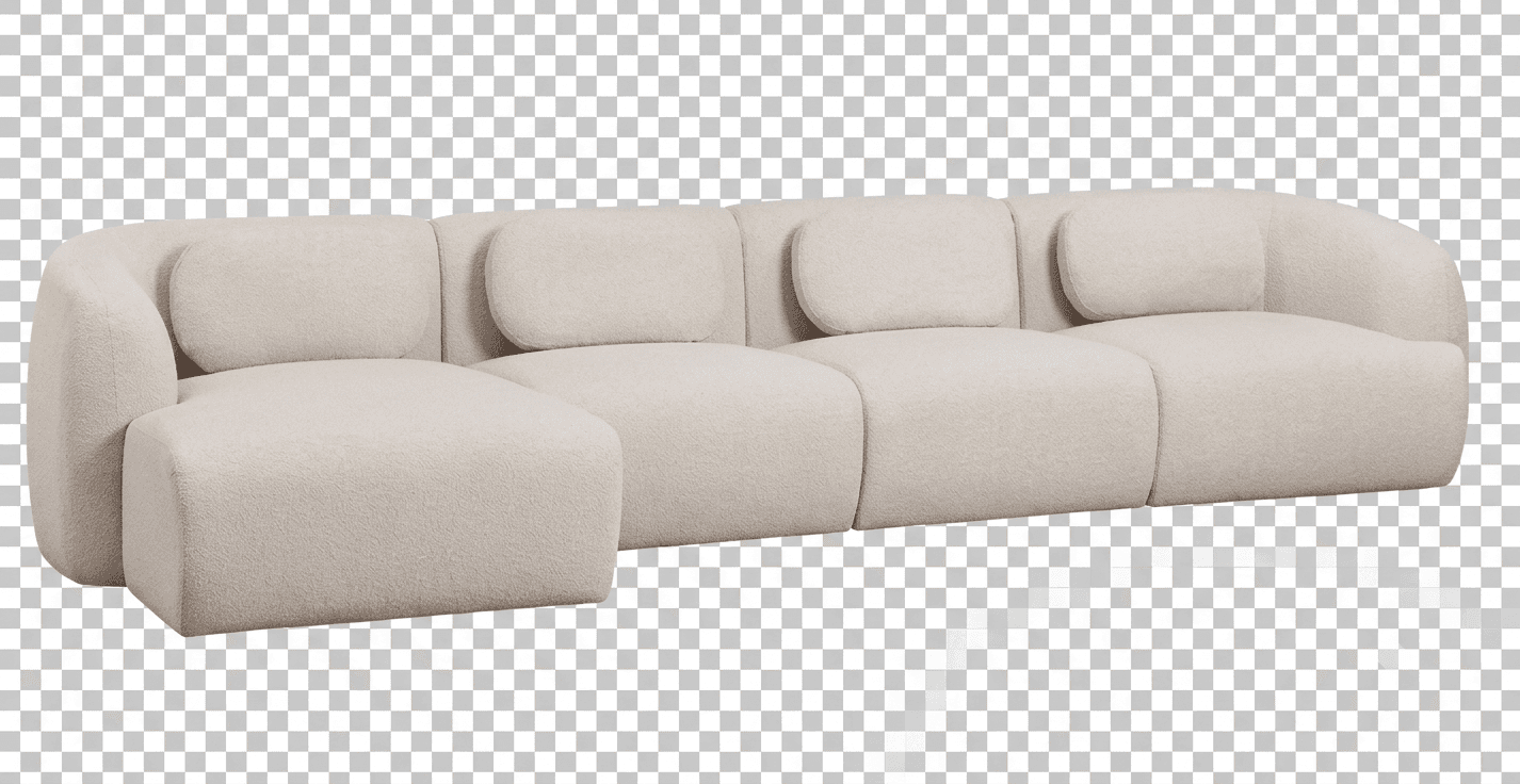 A large, contemporary sectional sofa upholstered in a light beige boucle fabric, featuring a left-hand facing chaise lounge extension. The sofa exhibits a soft, rounded silhouette with plush, overstuffed cushions and backrests, giving it a modern organic aesthetic. It appears to be modular in construction. — 3D model