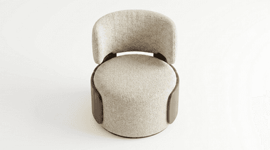 A modern lounge chair featuring a low-profile, rounded silhouette. It consists of a generously padded, cylindrical seat and a separate, curved backrest, both upholstered in a textured, light cream or beige fabric. Dark wood elements are visible on the base and as side supports, connecting the backrest to the seat and adding a contrasting detail. — 3D model
