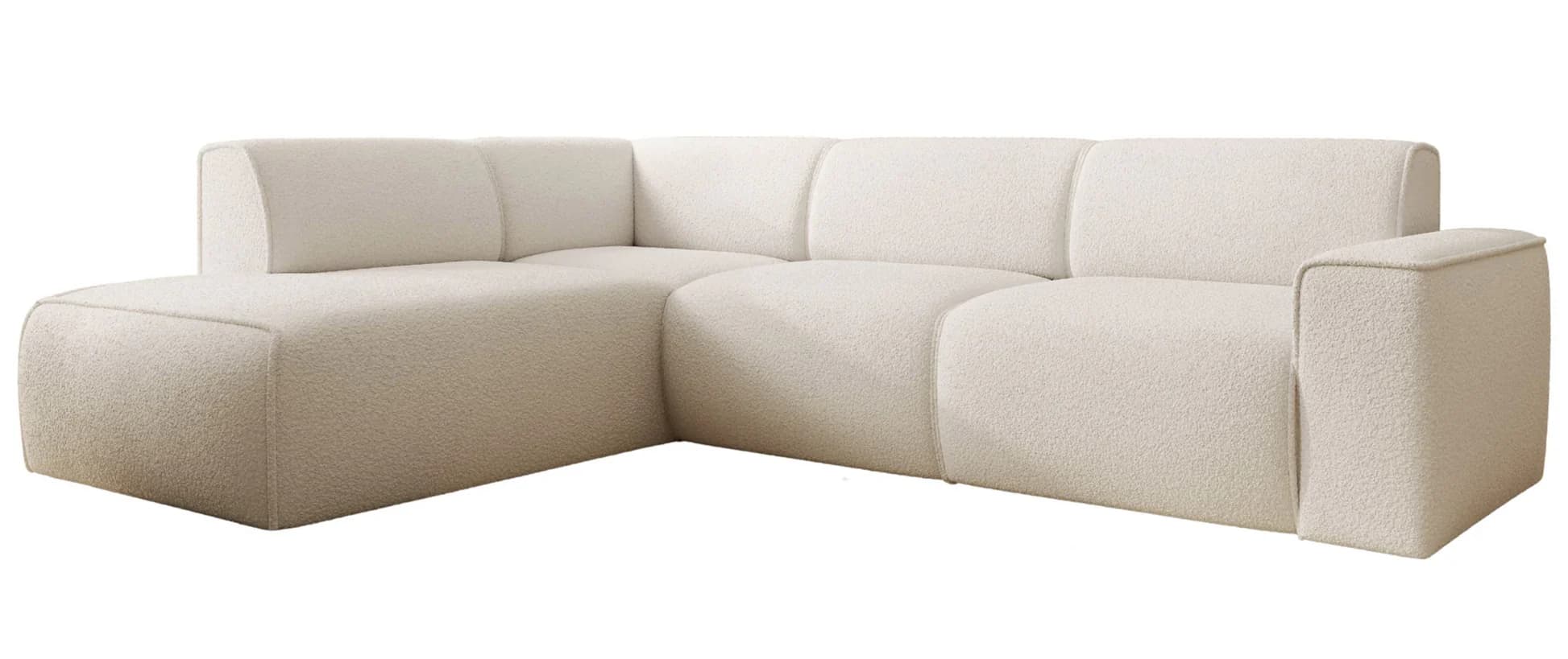 An L-shaped modular sectional sofa upholstered in a light cream or off-white boucle fabric, featuring a contemporary design with rounded edges and a low profile. The sofa is composed of multiple individual units, including an armless corner piece, several armless middle sections, and a chaise lounge extension, allowing for flexible configuration. — 3D model