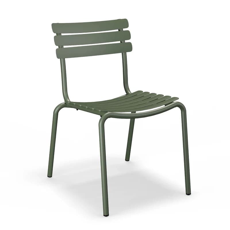 A modern, olive green metal chair with a slatted seat and backrest, featuring a tubular metal frame construction. — 3D model