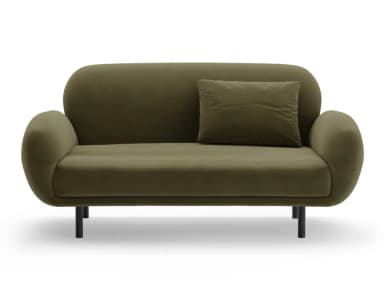 A contemporary two-seater sofa upholstered in a rich olive green fabric. The sofa features a rounded backrest and integrated, gently curved armrests, giving it a soft, inviting silhouette. It is supported by four slender, black metal legs. — 3D model