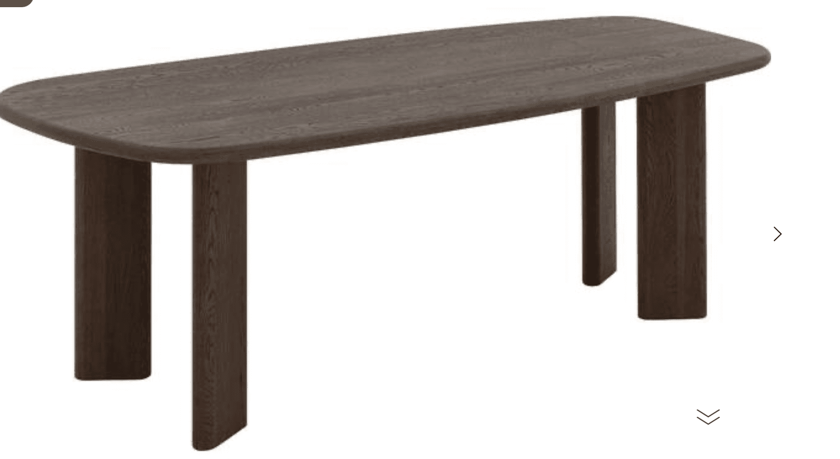 A low, elongated coffee table with a rounded rectangular top and two solid, rectangular legs. The table has a dark wood finish with a visible grain pattern. The legs are positioned towards the center of each shorter side of the tabletop. — 3D model