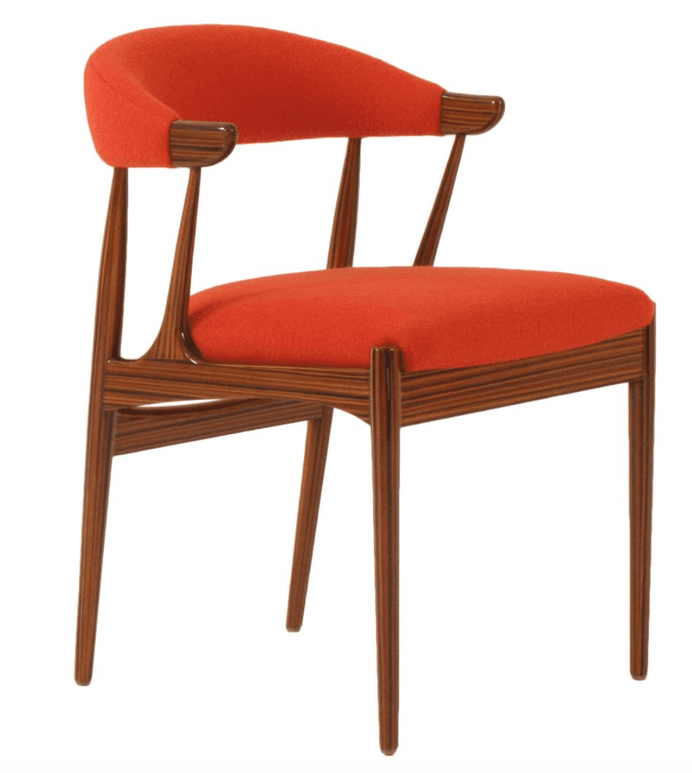 A refined mid-century modern dining armchair, showcasing a rich rosewood frame with distinctive grain patterns. The chair features a curved backrest and a comfortably padded seat, both upholstered in a vibrant orange fabric. Its design includes integrated armrests with exposed polished wood sections, and it is supported by four slender, tapered legs. — 3D model