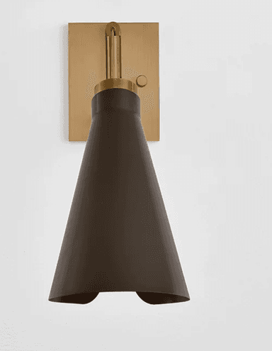 A sophisticated wall-mounted light fixture featuring an articulating swing arm and a distinctive conical shade. The body and mounting plate are crafted from brass with a brushed finish, while the shade has a matte dark brown exterior and a reflective brass interior. The arm allows for adjustable illumination, making it suitable for task or accent lighting. — 3D model