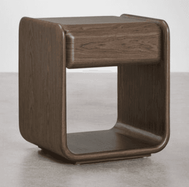 A modern, minimalist side table with a dark wood veneer finish, featuring seamless rounded edges and an open storage compartment. — 3D model