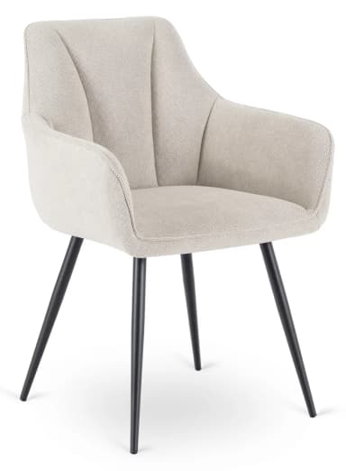 A contemporary dining chair featuring a light-colored, textured fabric upholstery and slender black metal legs. The chair has a gently curved backrest that seamlessly integrates into subtle armrests, forming a bucket-style seat. The visible texture of the fabric appears to be a knit or woven pattern, providing a soft aesthetic contrast to the minimalist metal base. The legs are splayed for stability and extend downwards in a clean, tapered profile. — 3D model