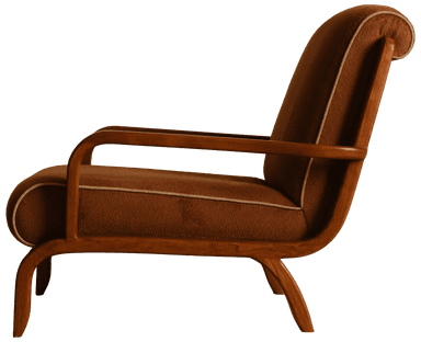 A single armchair with a wooden frame and upholstered seat, backrest, and headrest. The frame exhibits curved lines, particularly in the armrests and legs. The backrest has a textured upholstery and two horizontal wooden slats. The headrest is rolled and upholstered. — 3D model