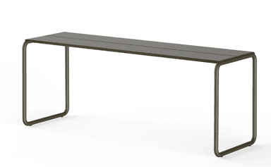 A minimalist bench with a slender, rectangular top supported by two U-shaped legs. The top appears to be constructed from multiple slats, with a subtle lengthwise seam. The legs have rounded corners and a consistent tubular profile, extending upwards to meet the underside of the tabletop. — 3D model