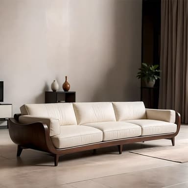 A modern three-seater sofa featuring a dark-stained exposed wooden frame with curved armrests and light-colored fabric upholstery. It has three individual seat cushions and three separate back cushions, supported by tapered wooden legs. — 3D model
