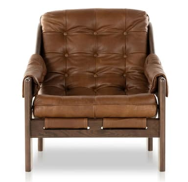 A tufted armchair featuring a wooden frame and brown leather upholstery. The frame has a distinct organic shape with curved elements. The seat and back cushions are deeply tufted with prominent buttons, and the armrests are padded and covered in leather. The overall design suggests a mid-century modern or contemporary style. — 3D model