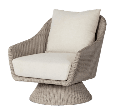 A swivel armchair with a rounded, enveloping backrest and arms. The base is a wide, tapered pedestal that allows for rotation. The construction appears to be woven, likely synthetic rattan or wicker, giving it a textured, naturalistic appearance. It is upholstered with thick, light-colored cushions for the seat and back. — 3D model