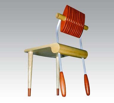 A visually striking chair featuring a natural wood seat and front legs, complemented by white metal back legs and support structure, and a unique backrest constructed from stacked orange disks. — 3D model