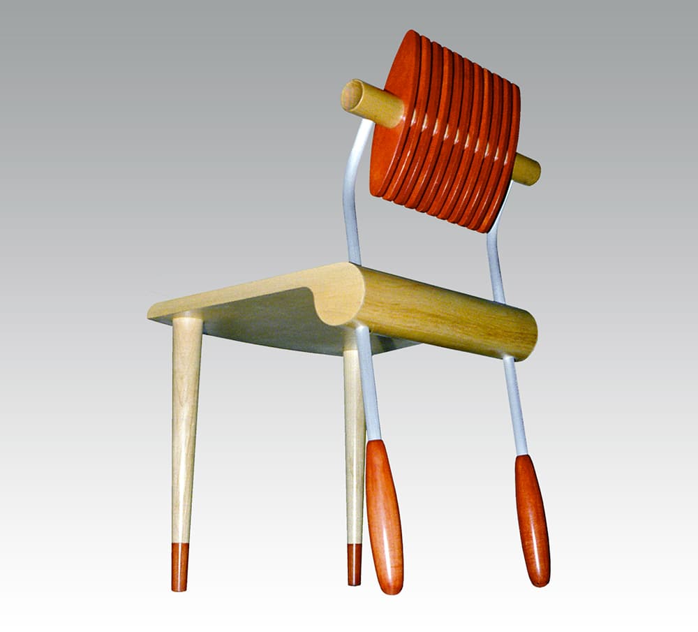 A visually striking chair featuring a natural wood seat and front legs, complemented by white metal back legs and support structure, and a unique backrest constructed from stacked orange disks. — 3D model