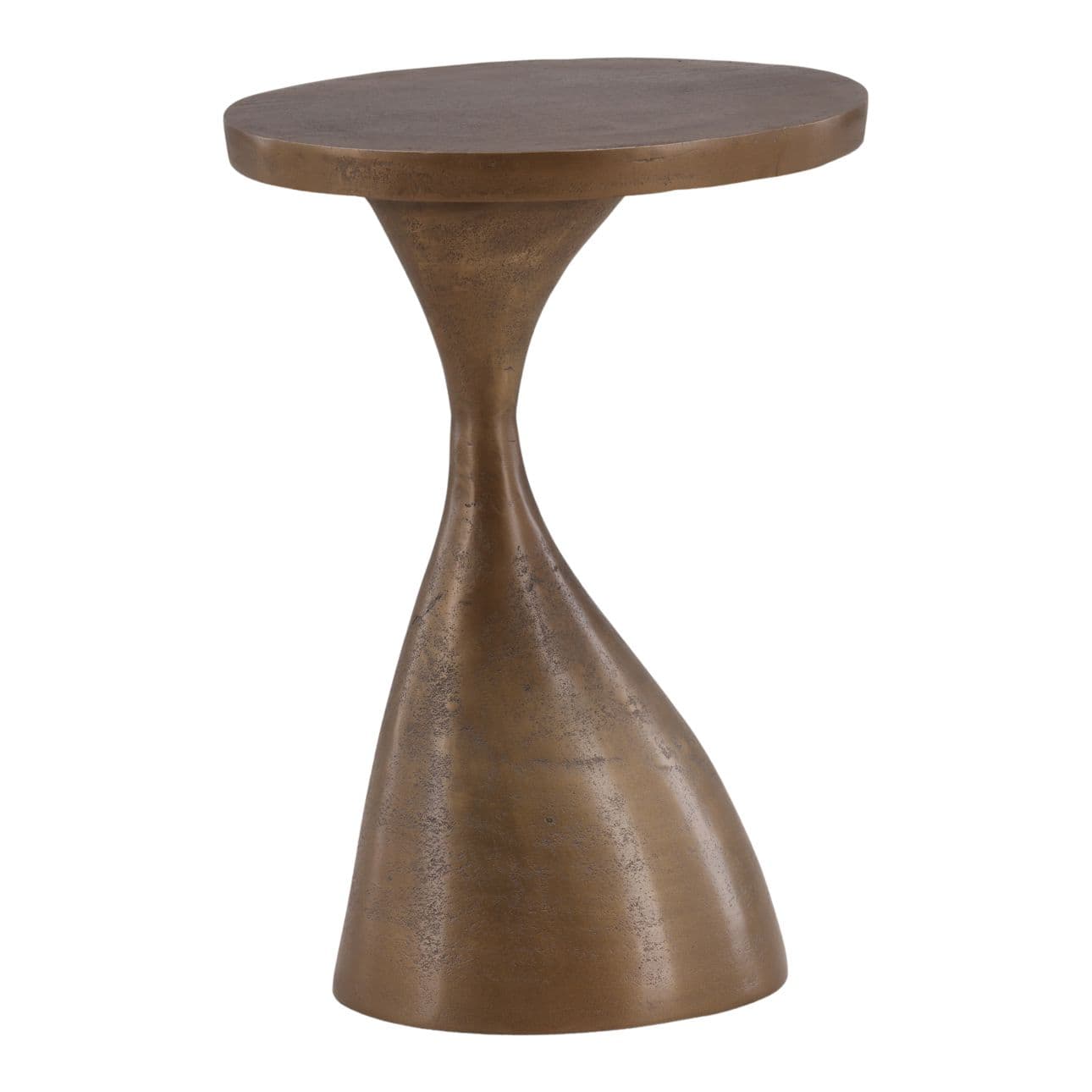 A small, round-topped accent table featuring a unique, sculptural pedestal base. The base tapers significantly in the middle before flaring out to a broader, stable bottom. It is made of metal with an antiqued bronze finish. — 3D model