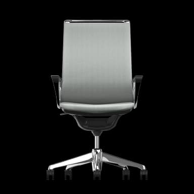 A modern ergonomic office task chair featuring a high back and upholstered seat, both in a light grey herringbone fabric. It has polished chrome/aluminum frame details, armrests with black pads, and a five-star caster base made of polished metal, all against a black background. — 3D model
