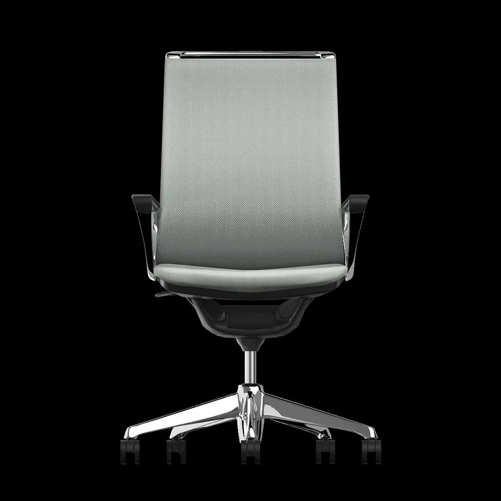 A modern ergonomic office task chair featuring a high back and upholstered seat, both in a light grey herringbone fabric. It has polished chrome/aluminum frame details, armrests with black pads, and a five-star caster base made of polished metal, all against a black background. — 3D model