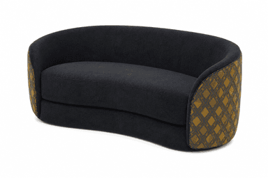 A contemporary curved loveseat upholstered in dark grey fabric, featuring striking mustard yellow side panels with a geometric dark grey pattern. — 3D model