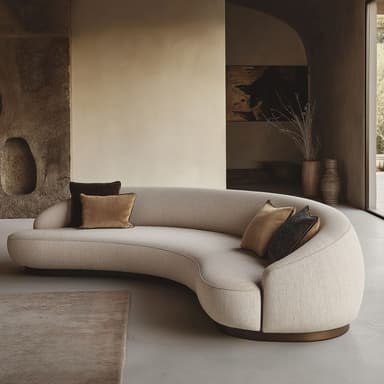 A contemporary curved sectional sofa upholstered in a light beige textured fabric, featuring a low-profile dark wooden base and accessorized with multiple brown and grey accent cushions. — 3D model