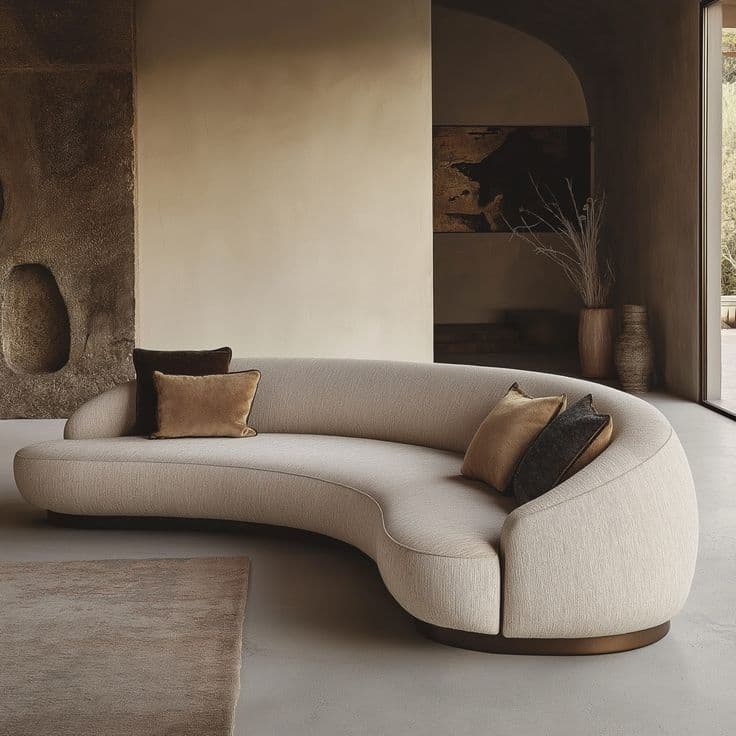 A contemporary curved sectional sofa upholstered in a light beige textured fabric, featuring a low-profile dark wooden base and accessorized with multiple brown and grey accent cushions. — 3D model