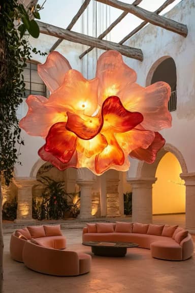 A contemporary chandelier designed to resemble a blooming flower, featuring multiple layers of translucent, petal-shaped elements. The petals exhibit a gradient color scheme, transitioning from light pink and peach at the edges to deeper reds and purples towards the center. The material appears to be a textured, synthetic resin or plastic, allowing light to diffuse softly from integrated internal sources, creating a warm, ambient glow. The fixture is designed for ceiling suspension. — 3D model