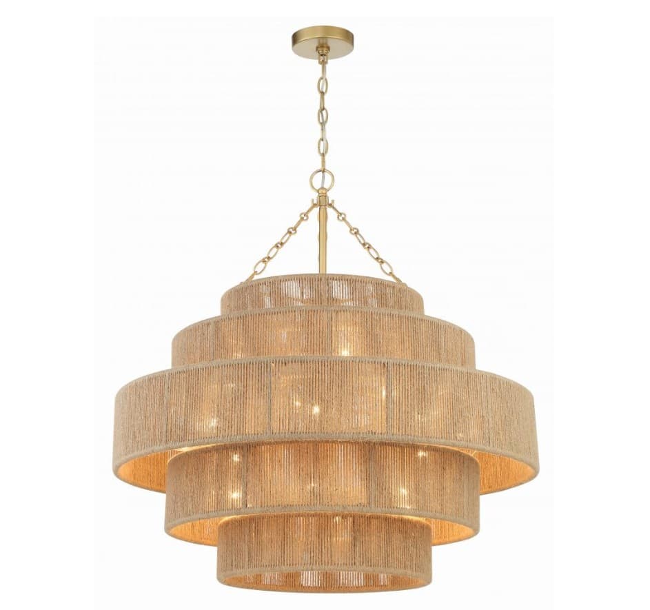 A tiered chandelier with a layered drum shade design. The shades are wrapped in natural fiber rope, creating a textured appearance. It is suspended by a metal chain and canopy, with visible light bulbs illuminating from within the shades. — 3D model
