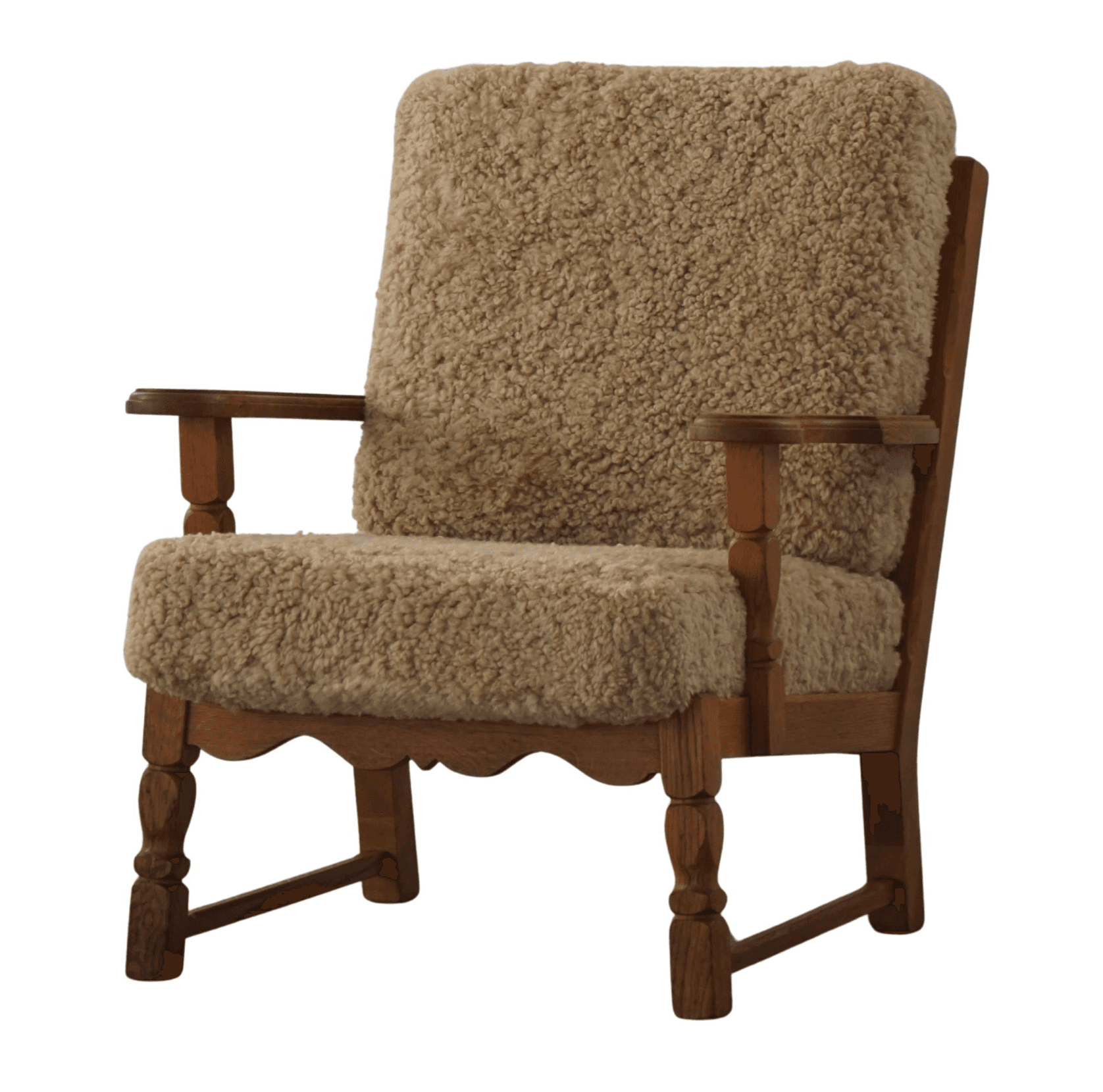 A wooden armchair with a high back and wide seat, upholstered with a thick, textured natural-colored sheepskin or similar fuzzy material. The frame has visible wooden legs and armrests. The wood appears to be a medium-toned oak or similar hardwood. — 3D model