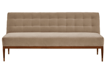 A contemporary sofa with a tufted backrest and a smooth seat cushion. The sofa features a wooden frame with four tapered legs, each accented with a brass cap. The upholstery appears to be a soft, plush fabric. — 3D model