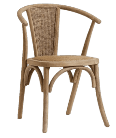 A classic Thonet-style bentwood dining armchair with a natural wood finish, featuring a curved frame, woven rattan backrest, and a matching woven cane seat. The chair has elegant, curved armrests that flow into the backrest, supported by bentwood legs. — 3D model