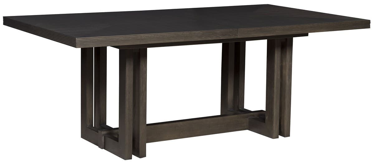 A rectangular dining table with a dark finish. The table features a robust base constructed from vertical and horizontal wooden elements, forming a somewhat minimalist and geometric design. The tabletop has a subtle pattern radiating from the center towards the edges. The edges of the tabletop show a layered construction. — 3D model