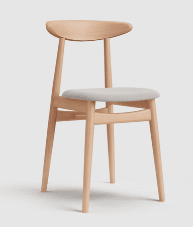 A minimalist Scandinavian-style dining chair crafted from light-toned solid wood with an upholstered seat. The chair features a gently curved backrest for ergonomic support and sleek, tapered legs. The design emphasizes natural materials and clean lines. — 3D model