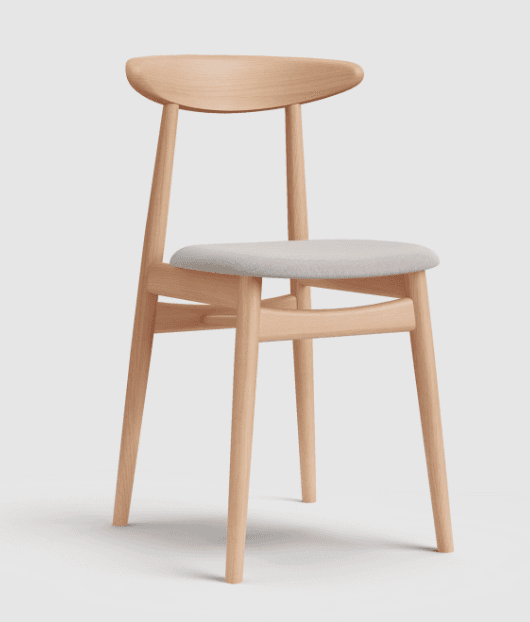 A minimalist Scandinavian-style dining chair crafted from light-toned solid wood with an upholstered seat. The chair features a gently curved backrest for ergonomic support and sleek, tapered legs. The design emphasizes natural materials and clean lines. — 3D model
