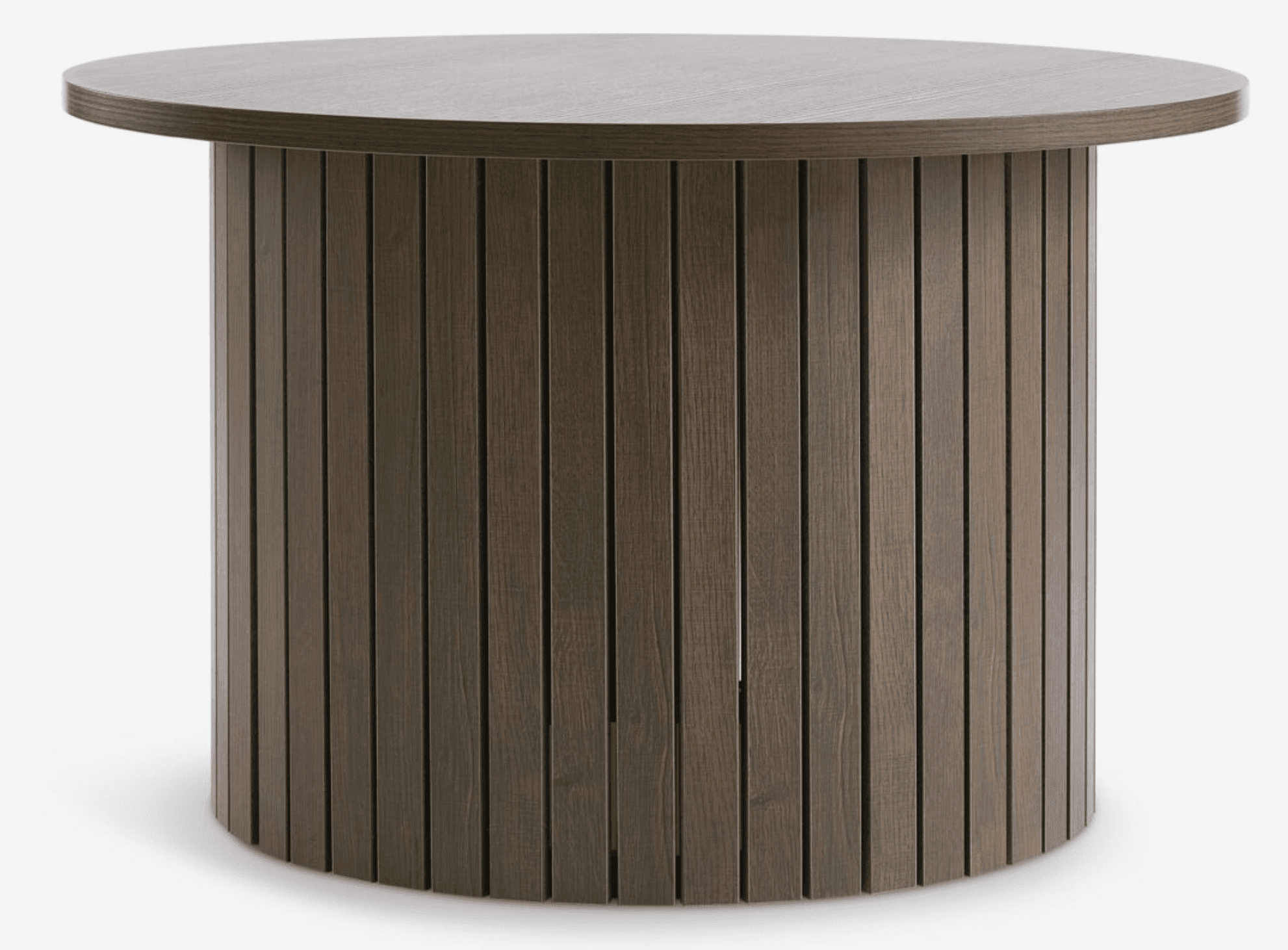 A contemporary round accent table featuring a dark wood finish and a distinctive fluted cylindrical pedestal base. — 3D model