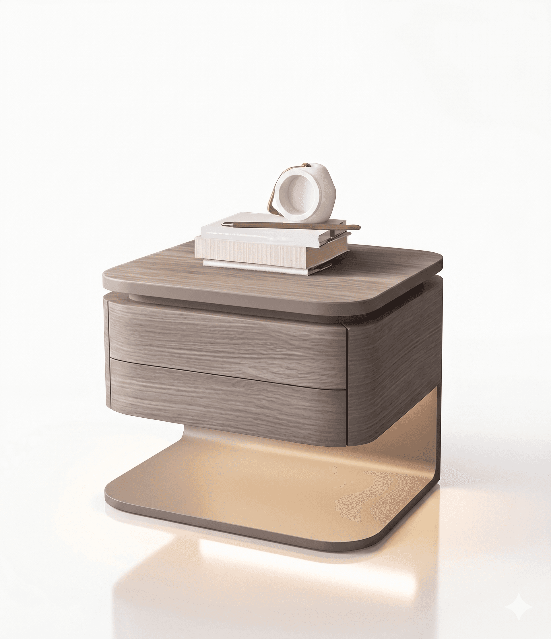 A modern nightstand featuring a rounded, wood-grained facade with two drawers. The top surface is flat with rounded edges, and the base is a minimalist pedestal design with integrated lighting. The construction appears sleek and contemporary. — 3D model