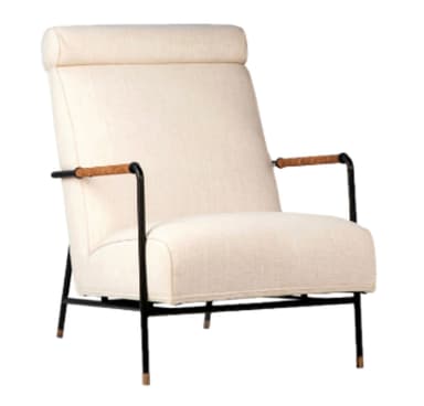 A contemporary high-back lounge chair featuring an off-white upholstered body, a distinctive rolled headrest, and a slender black metal frame. The armrests are accented with a tan-colored wrap, and the legs are tipped with brass details. — 3D model