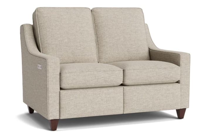 A two-seater upholstered loveseat with a contemporary design. It features a high back with separate seat cushions and upholstered arms. A discreet control panel is visible on the right armrest, indicating a reclining or power function. The piece is supported by four dark, tapered legs. — 3D model