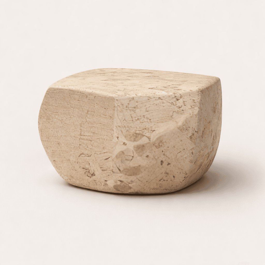A faceted block-like end table with a rounded front and flat top. The material appears to be natural stone with visible veining and fossil inclusions. — 3D model