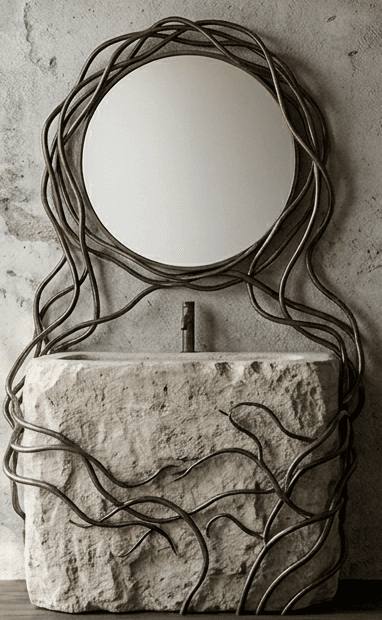 A unique bathroom vanity featuring a rough-hewn stone block serving as the base and integrated sink, complemented by an intricate, organic wrought metal frame that resembles entwined vines. This metalwork extends upwards to frame a circular mirror, creating a cohesive and sculptural unit. A minimalist dark-finished faucet is centrally mounted above the basin. — 3D model