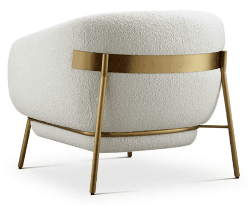A contemporary lounge chair featuring a plush, rounded form upholstered in off-white boucle fabric, supported by a minimalist gold-toned metal frame. The frame includes slender legs and a distinctive horizontal band wrapping around the upper backrest. — 3D model